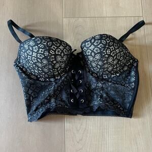 EUC Victorias Secret Padded Demi Bustier Bra SZ 36B Long Line Black Lace Zip
